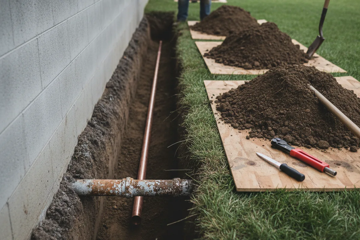 Excavated water line trench during Water Softener Installation in Mccordsville